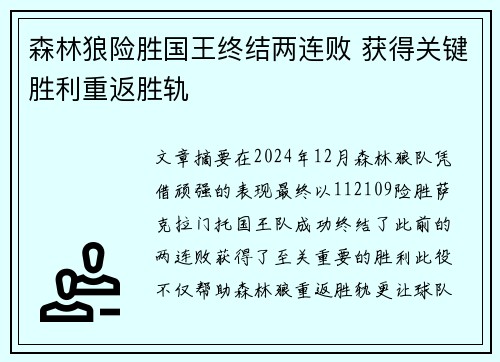 森林狼险胜国王终结两连败 获得关键胜利重返胜轨