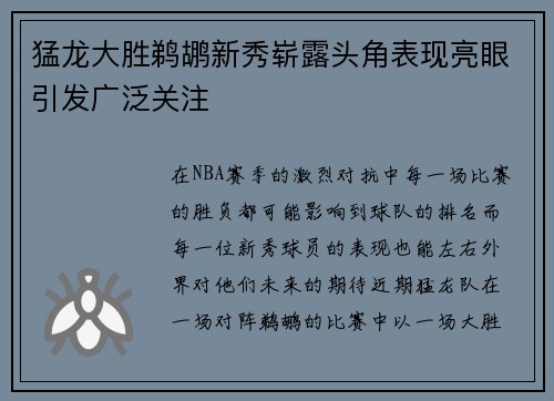 猛龙大胜鹈鹕新秀崭露头角表现亮眼引发广泛关注