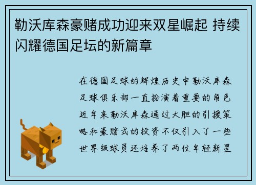 勒沃库森豪赌成功迎来双星崛起 持续闪耀德国足坛的新篇章