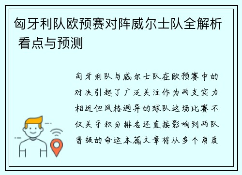 匈牙利队欧预赛对阵威尔士队全解析 看点与预测