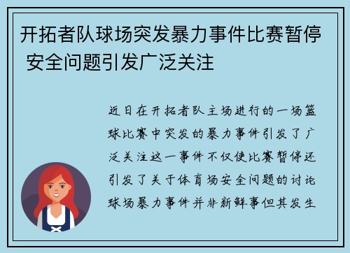 开拓者队球场突发暴力事件比赛暂停 安全问题引发广泛关注