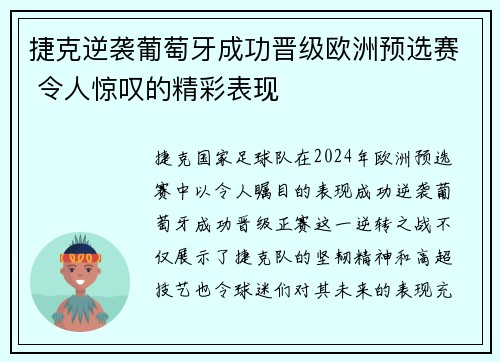捷克逆袭葡萄牙成功晋级欧洲预选赛 令人惊叹的精彩表现