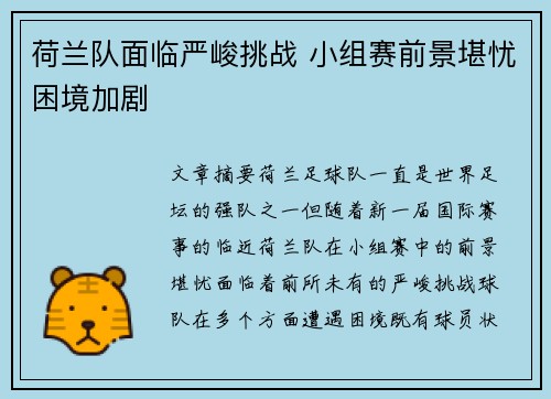 荷兰队面临严峻挑战 小组赛前景堪忧困境加剧
