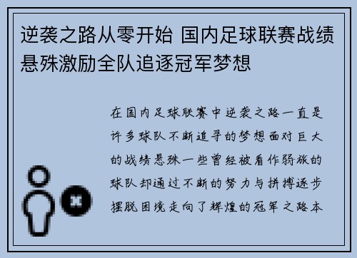 逆袭之路从零开始 国内足球联赛战绩悬殊激励全队追逐冠军梦想