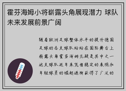 霍芬海姆小将崭露头角展现潜力 球队未来发展前景广阔